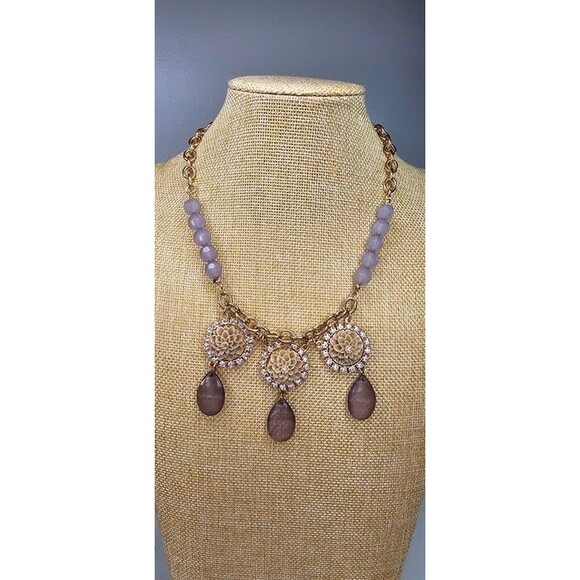 Plunder Posse Grey Cream Gold Tone Bead & Glass Rhinestone Floral Necklace 18"L - Picture 2 of 6